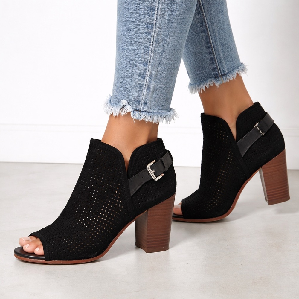 Sam Edelman Black Perforated Peep Toe Booties | Block Heel | Size 8.5